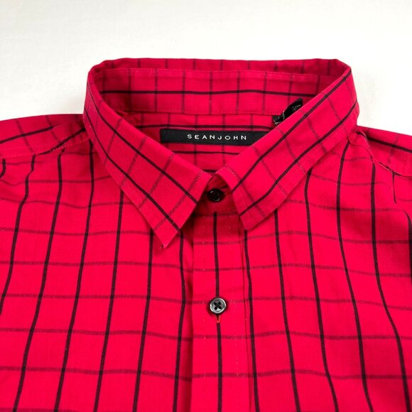 Sean John Mens Shirt 3XB Red Black Plaid & Button Down Shirt Cotton Poly Blend - Picture 2 of 9